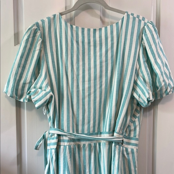 NWT Draper James Teal and White Puff Sleeve True Wrap Linen Mini Dress - Size XL - Picture 12 of 16